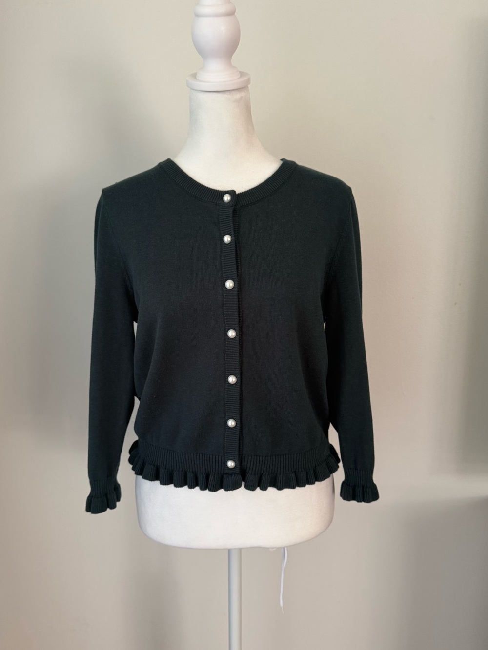 Karl Lagerfeld Paris Women’s M Green Black Lace Back Ruffle Cardigan Sweater